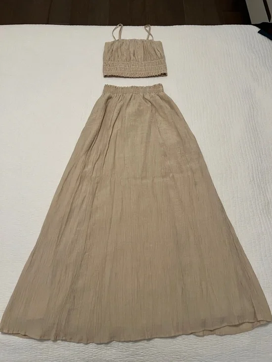 Women's Beige Gauze Two Piece - Crop Top & Maxi Skirt