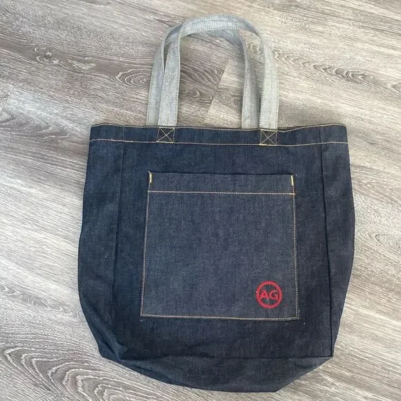 AG Adriano Goldschmied Blue Denim Tote embroidered Logo w/ Read threads NWOT