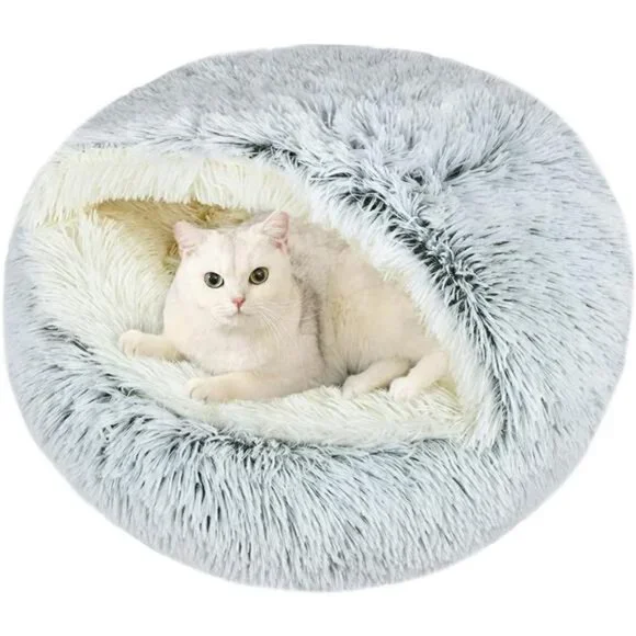 Calming Cat Bed Plush Round Cat Cave Small Dog Bed Washable Cozy Pet Nest