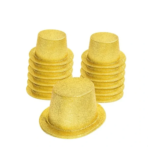 Hillban 12 Pc Top Hats, Glitter Plastic Retro Party Hats, Metallic Gold, NEW