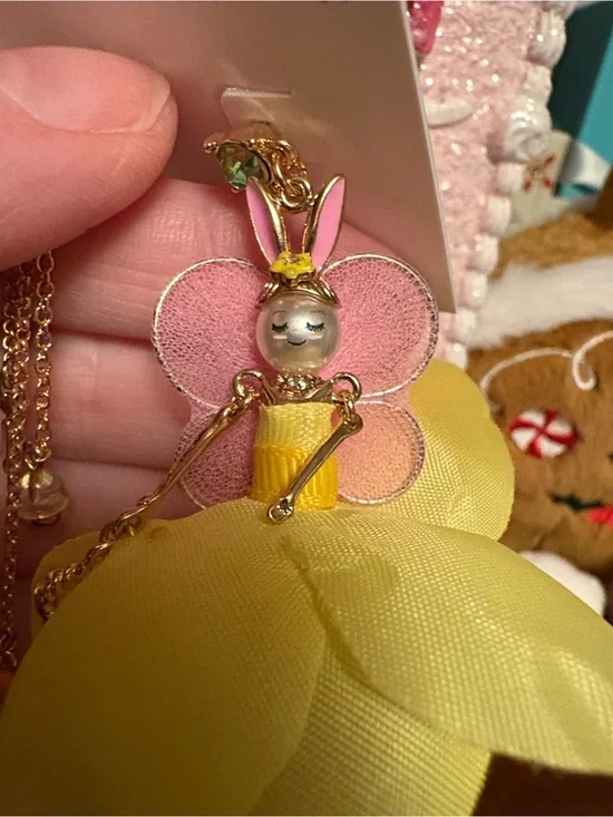 RARE Betsey Johnson Yellow Bunny Doll Asymmetric Drop Earrings with Green Studs