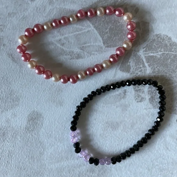 Black and purple rondelle, Faux pink pearl stretchy bracelet - 2 strands
