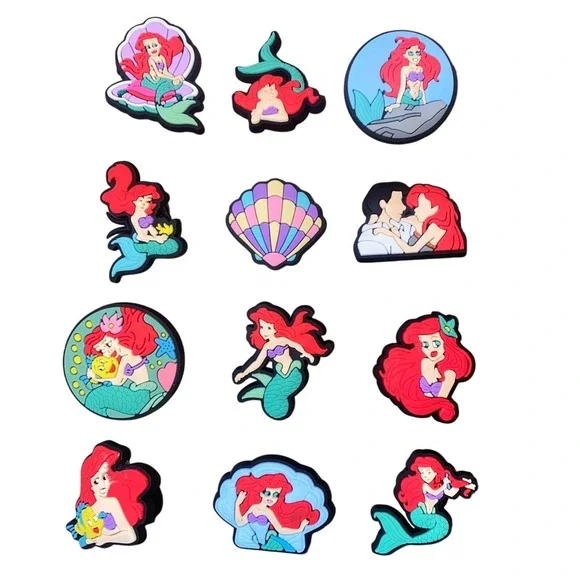 New 12x Little Mermaid Ariel Disney Shoe Charms Clogs Mules Girl Pink Colorful