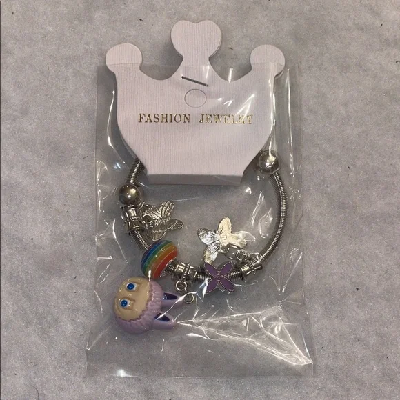 Silver Labubu Monster cartoon Charm Bracelet with Purple and Rainbow Accents