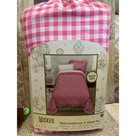 NEW Wicked Katie Kime Twin Comforter Sham Set Pink White Gingham Ruffle