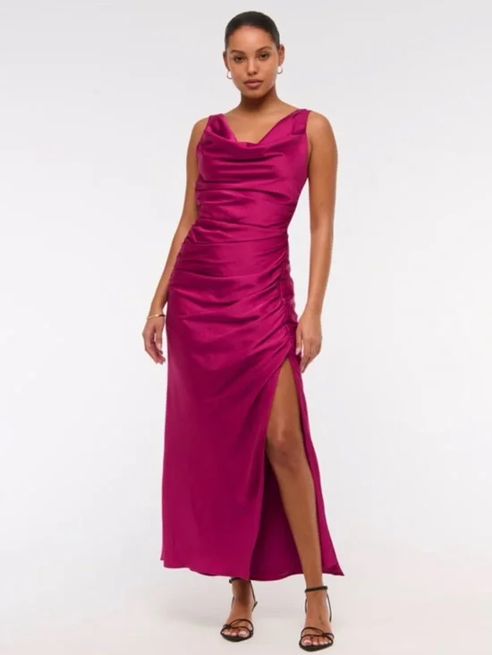 Abercrombie & Fitch Magenta Cowl Neck Maxi Dress with Side Slit