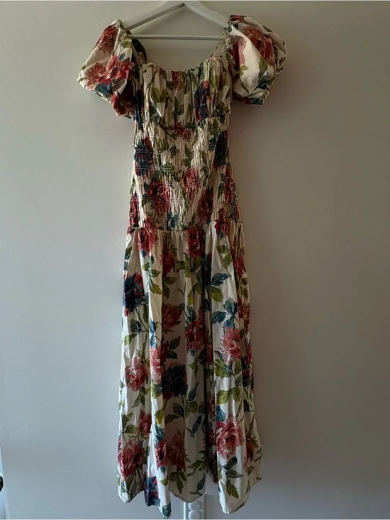 Abercrombie & Fitch Floral Puff-Sleeve Midi Dress Smocked Cream