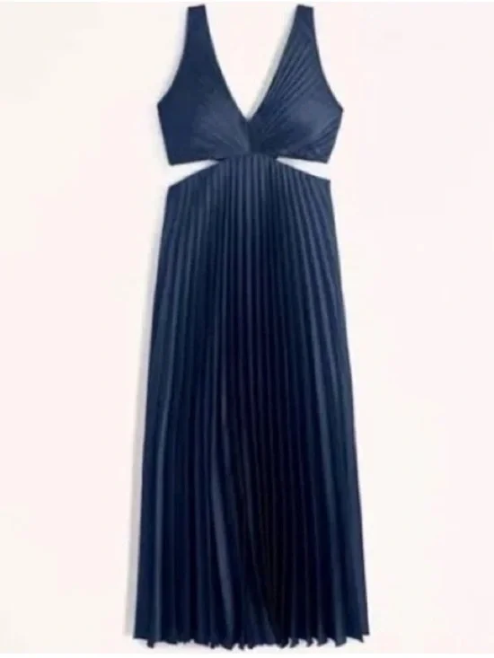 Abercrombie & Fitch Navy Pleated Maxi Dress with Cutout Waist