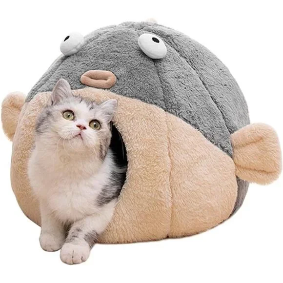 Cat Bed Cave Indoor for Cats with Removable Pillow Super Soft Tent Pufferfish