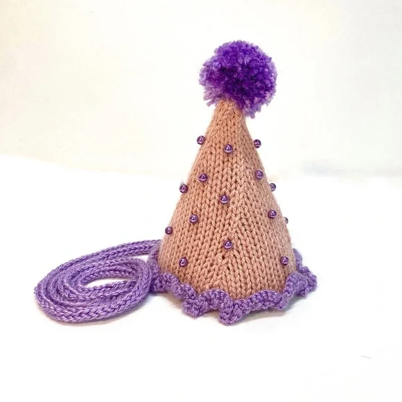 NWT Hand Knit Pink and Purple Party Hat with Faux Pearls One Size Fits Most