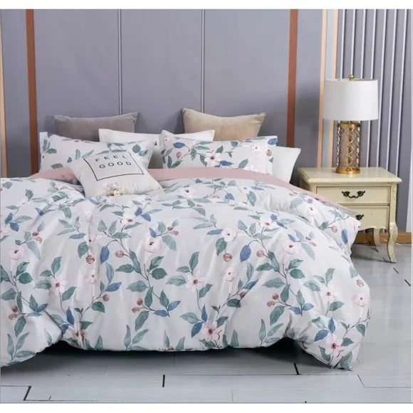 Tess Red Gray Floral 100% Cotton Reversible Comforter Set Queen Cottage Romantic