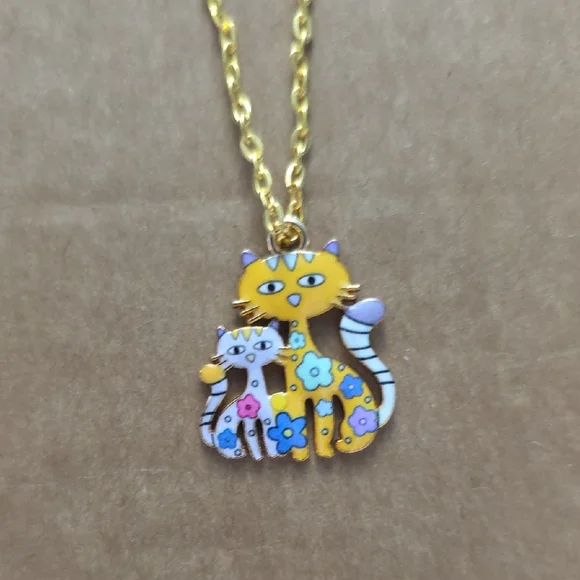 Gold and Orange Cat Pendant Necklace