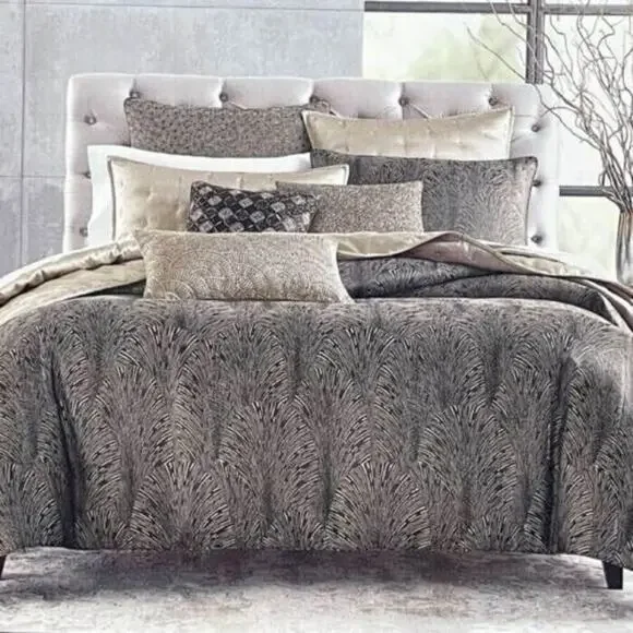 Hudson Park Brown/Silver Textured Luxury Deco Fan Cover Duvet Size Full/Queen