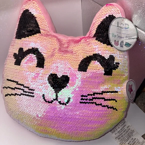 Love2Design Pink Flip Sequin Cat Pillow Iridescent Reversible Cushin