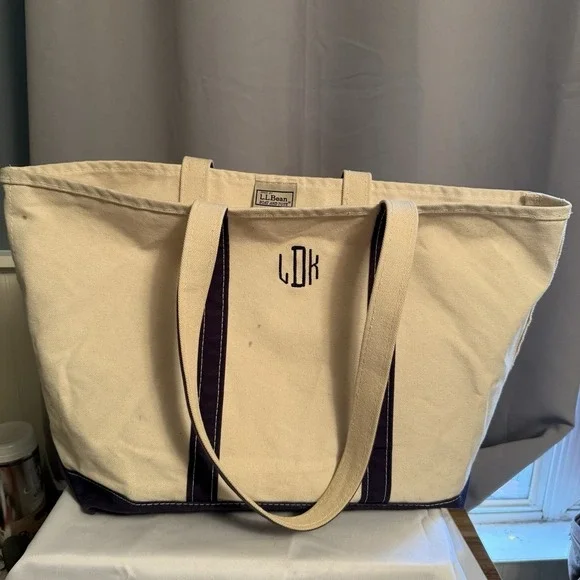 LL Bean Boat Tote Bag USA Canvas Navy Blue Open Top Embroidered Large LDK