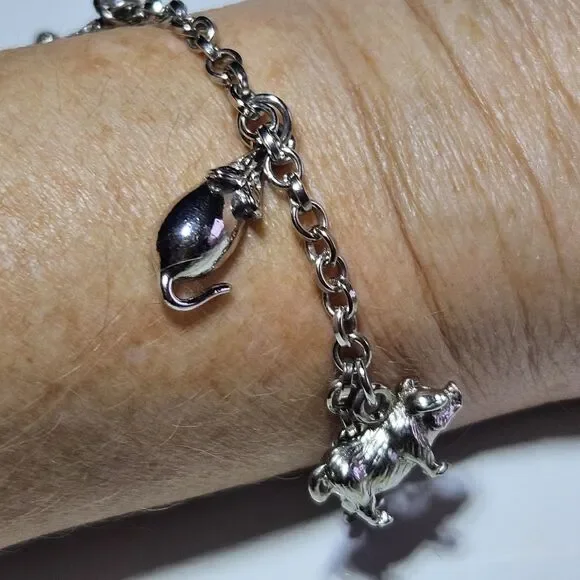 Silver Tone Spider Pig Mouse Horse Charm Toggle Bracelet 6