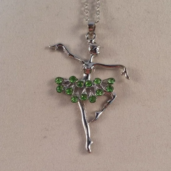 Silver Ballerina Dancer Green Crystal Gemstone Pendant Necklace Gorgeous Gift