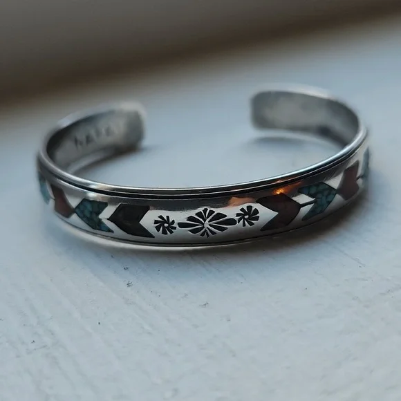 Vintage Nakai Silver Turquise and Coral Inlay Bracelet