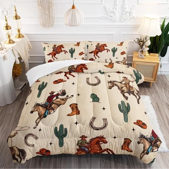 Western Cowboy Comforter Set Full Size, Rodeo Riding Bull With Cacti Set 3-Piece