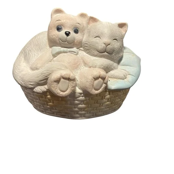 Vintage Ceramic Cat In Bed With Bear Light Cottagecore Small Table Lamp Works