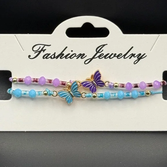 Butterfly Bracelet Set 2 Piece Purple Blue Beaded Cord