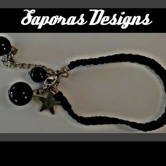 Handmade Black Braided Rope Bracelet With Black Beads & Vintage Silver Tone Star