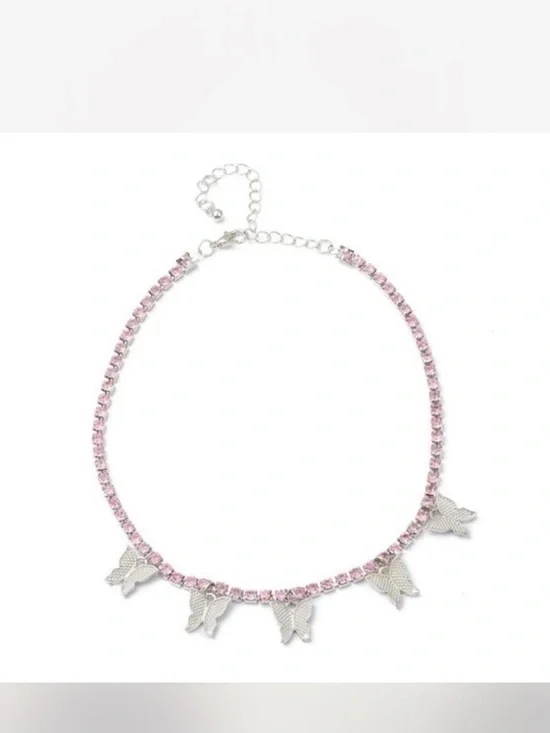 Pink Butterfly Charm Choker Necklace - Unbranded