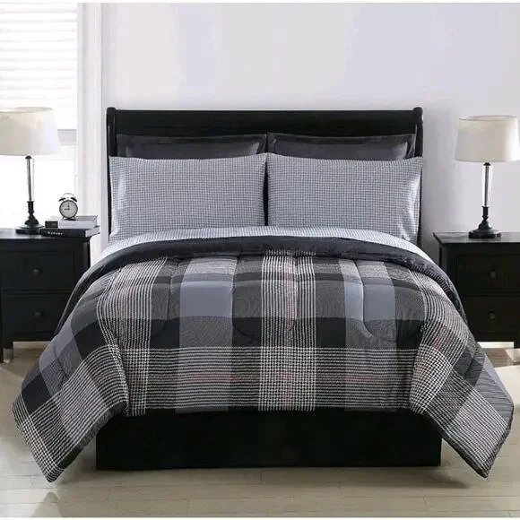 Vtg Sears Colormate Queen 8 Piece Bed In Bag Set YORK Plaid Red Gray Black NEW