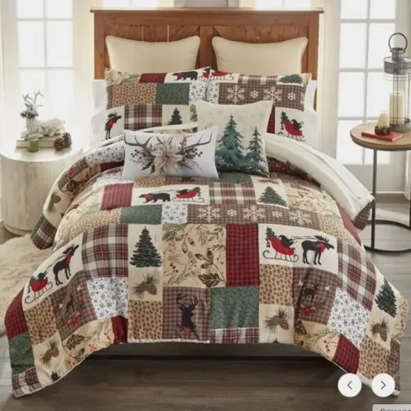 Christmas Holiday Patchwork King Comforter Set Holly Sleigh Plaid Farmhouse