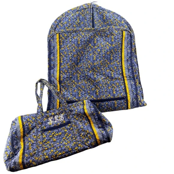 Lillian Vernon Garment Bag and Duffle Bag Set Blue Floral Quilted Travel Vintage
