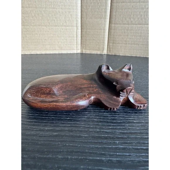Sleeping Cat Figurine Ironwood Carved Wood Dark Brown 4.25