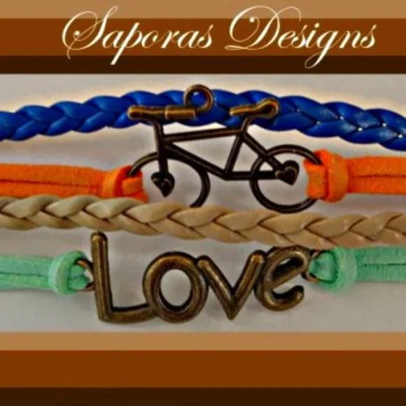 Colorful Multi-Layered Leather Bracelet With Braids Love & Bicycle Charm
