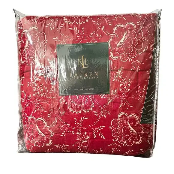 Ralph Lauren Vintage NOS Red Cold Spring Floral Twin Comforter Cover 66” x 86”