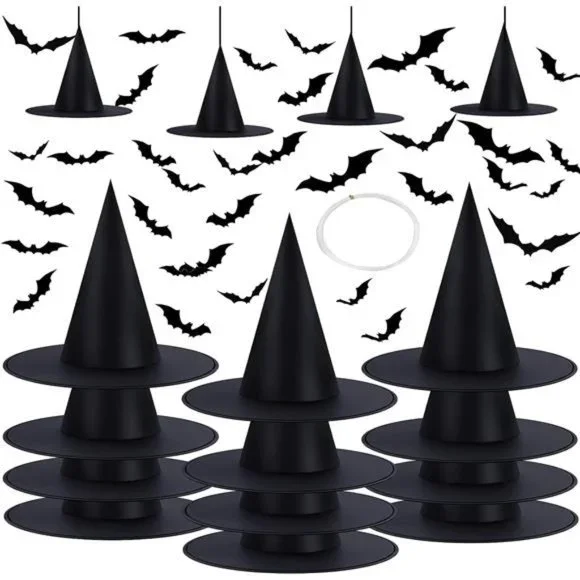 Halloween Decorations Witch Hat Set - 12PCS Black Witch Hats & 32PCS 3D Bats