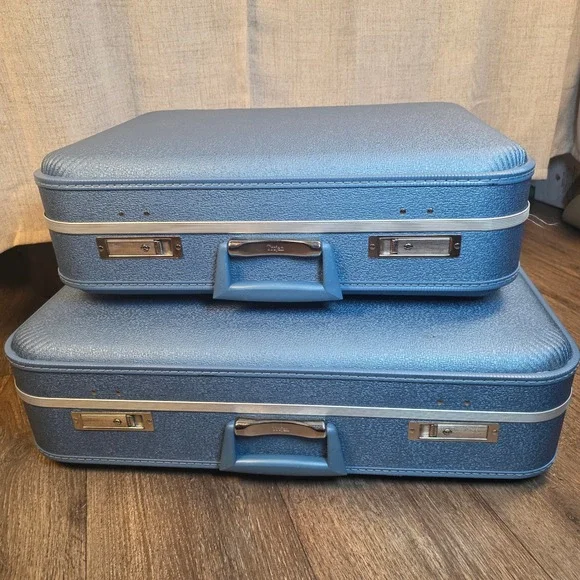 Vintage‎ Trojan Hard Shell Suitcase Set Metallic Blue Mid Century Modern Luggage