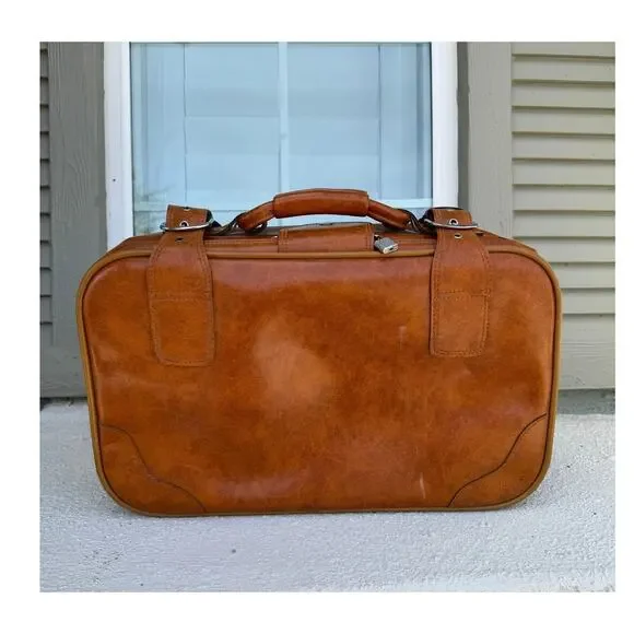 vintage 1970s tan faux-leather carry on suitcase luggage 70s jet set masculine