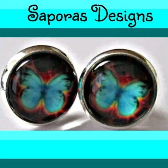 Silver Tone Turquoise Butterfly Stud Earrings