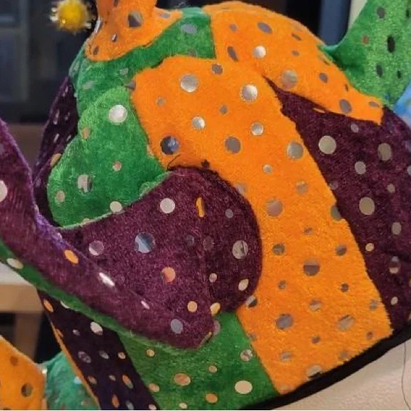 NEW - Mardi Gras Jester hat in purple gold green and sequin embellishment & tail