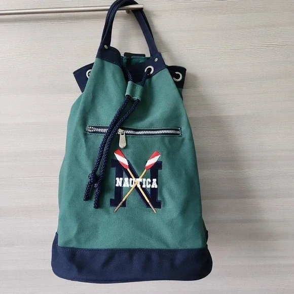 Vintage NAUTICA Green Blue Heavy Canvas Draw Pull String Sailor Seaman Sling Bag