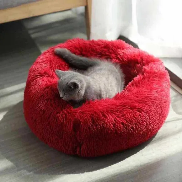 Fluffy Calming Cat Dog Donut Bed Burgundy Size Small 40cm or 16 inches