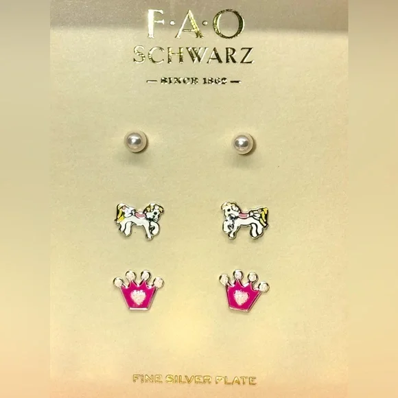 FAO SCHWARTZ Box Set Of 3 pairs of Stud Earrings Pearl Unicorn and Crown