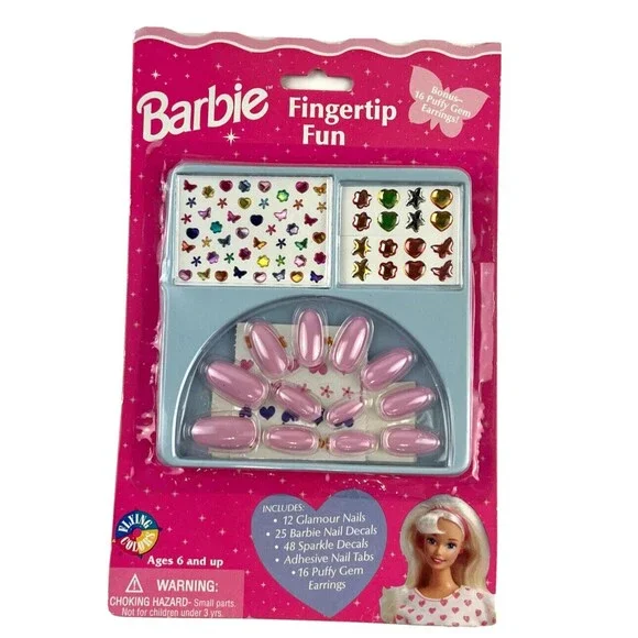 BARBIE Press On Nails Puff Earrings Fingertip Fun Millennial VTG 90s Mattel 1997