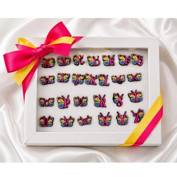 26pc Rainbow Butterfly Alphabet Shoe Charms‎ Set A-Z Pink Letter PVC Accessories