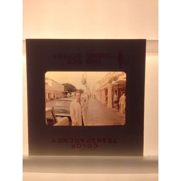 Vtg 1969 Man in Trench Coat Street UK England British Cars Photo Color Slide