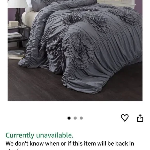 Lush Decor 3 piece Elegant Gray Ruffled Bedding Set- comforter & 2 sham cases