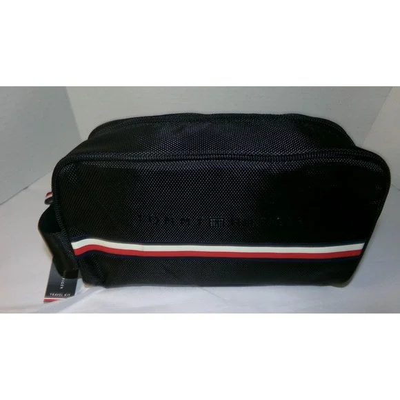 UNISEX TOMMY HILFIGER TRAVEL KIT / TRAVEL BAG~BLACK W/ STRIPES~MSRP $75
