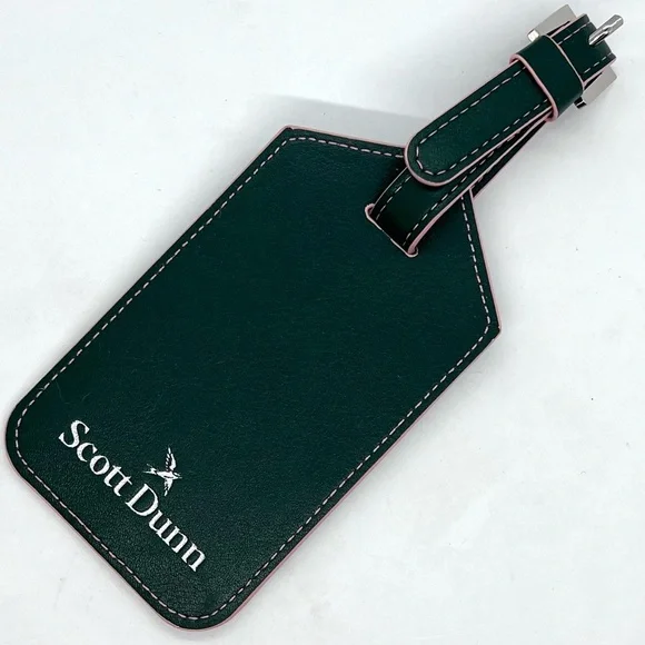 Scott Dunn Green Leather Luggage Tag Pink Trim Travel ID Holder NWOT