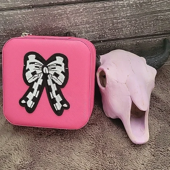 Western Black White Coquette Boho Checkered Bow Travel Jewelry Box Gift