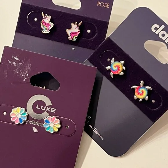 Claire’s & Luxe by Claire’s Stud Earrings‎ Trio Unicorns, Flowers & Turtles! 🦄