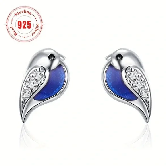 Sterling Silver Rhinestone Bird Stud Earrings